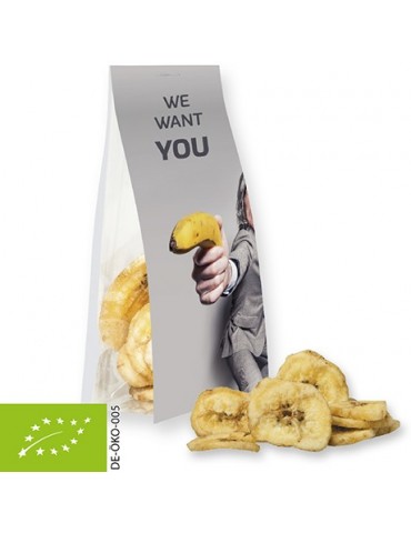 Bio Bananenchips, ca. 25g, Express Blockbodenbeutel mit Werbereiter