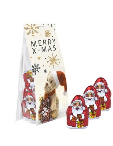 Mini Schoko-Weihnachtsmänner, ca. 40g, Express Blockbodenbeutel mit Werbereiter