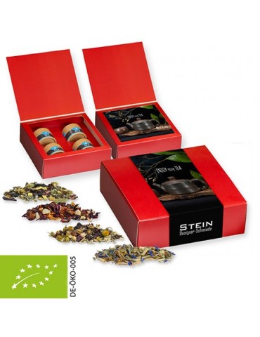 Verschiedene Teesorten, Bio und nicht-Bio, ca. 60-140g, Geschenk-Set Premium mit 4 Biologisch abbaubaren Eco Pappdosen Mini