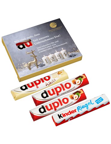 4er "Advent"s-Duplo-Pack (2x Duplo klassisch, 1x Duplo weiß und 1x Kinder Riegel) 4er "Advent"s-Duplo-Pack (2x Duplo klassisch, 1x Duplo weiß und 1x Kinder Riegel)