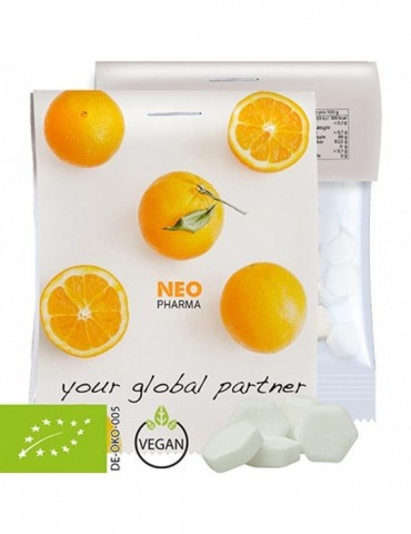 Bio Traubenzucker Orange Drops, ca. 15g, Express Midi-Tüte mit Werbereiter