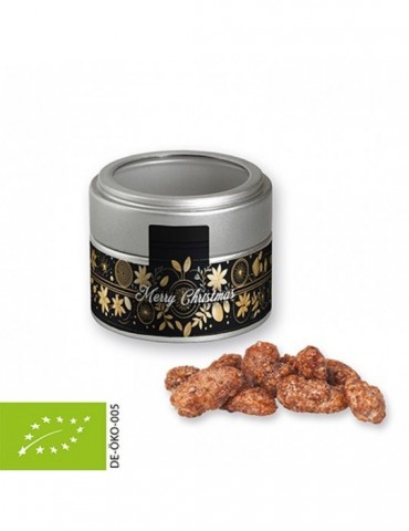 Bio Feuergebrannte Mandeln, ca. 60g, Metalldose Mini mit Sichtfenster silber