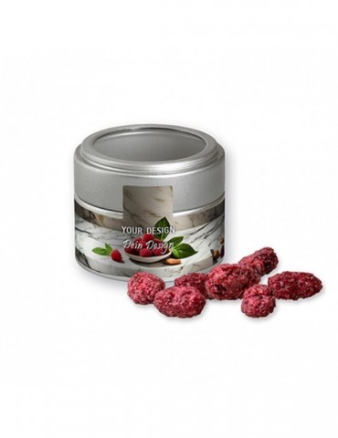 Gebrannte Mandeln Himbeere, ca. 60g, Metalldose Mini mit Sichtfenster silber