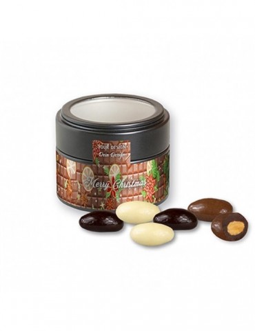 Mandel-Schoko-Trio, ca. 60g, Metalldose Mini mit Sichtfenster schwarz