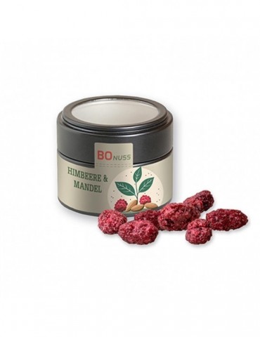 Gebrannte Mandeln Himbeere, ca. 60g, Metalldose Mini mit Sichtfenster schwarz