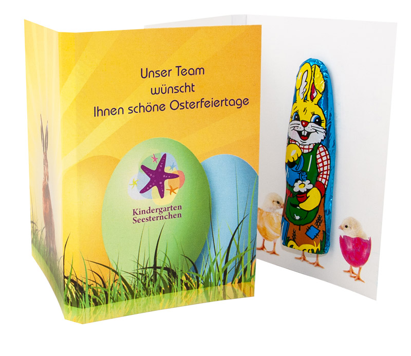 Osterumschlag A7 – individuell bedruckt mit Schoko-Häschen für Ostern