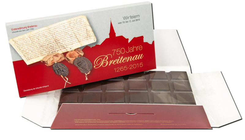 Schokotafel-Umschlag mit Logo – individuell bedruckter Umschlag gefüllt mit Schokotafeln